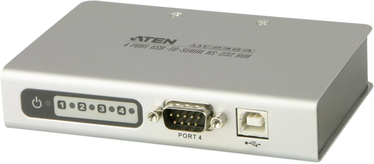 Grau-silberner USB-zu-Seriell 4-Port-Adapter mit COM-Anschluss und USB-Port, geeignet für den Anschluss mehrerer serieller Geräte.