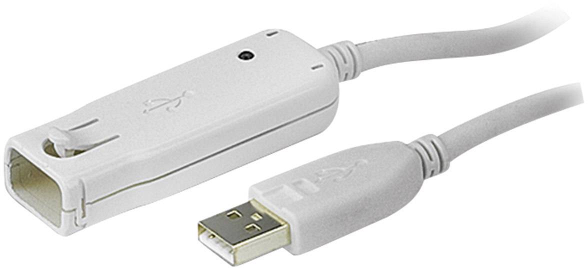 Ein graues USB-Verlängerungskabel mit männlichem und weiblichem Anschluss, das zum Verbinden von USB-Geräten verwendet wird.