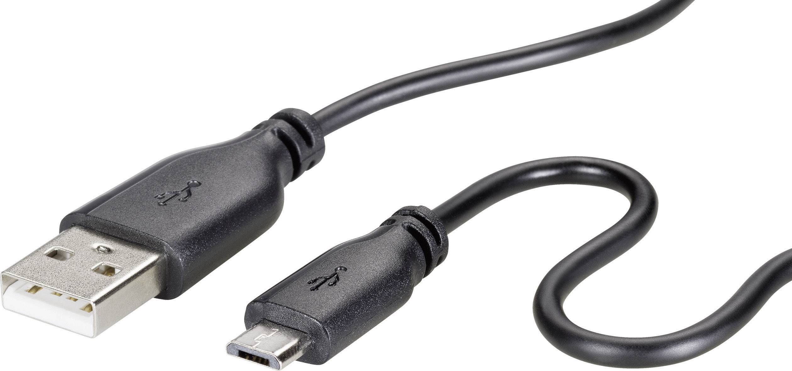 USB-Kabel mit einem Standard-USB-Stecker und einem Micro-USB-Stecker, geeignet für Datenübertragung und Aufladen von Geräten.