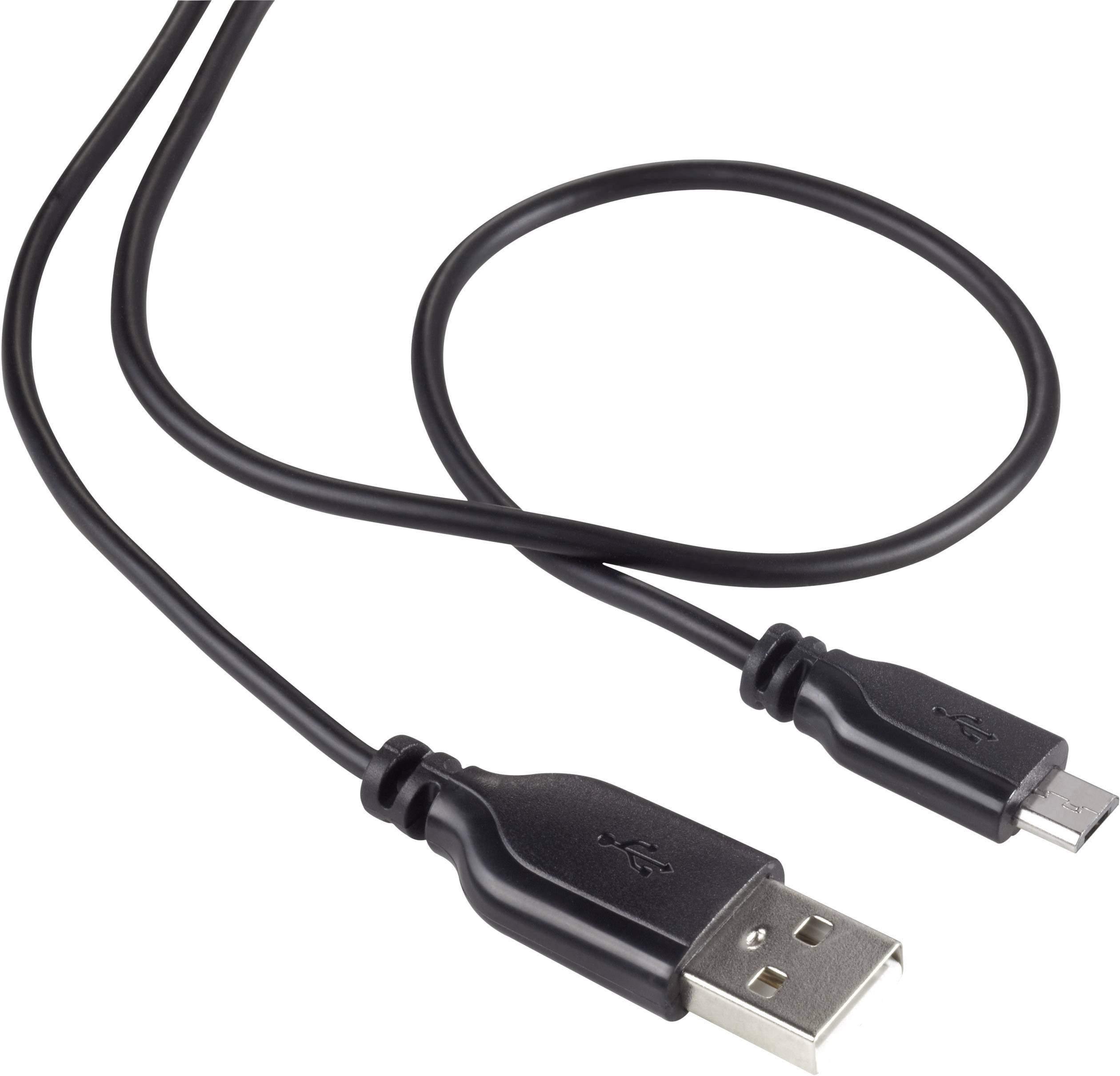 Ein schwarzes USB-Kabel mit einem USB-A- und einem Micro-USB-Stecker, oft verwendet zum Laden von Geräten oder für Datenübertragungen.