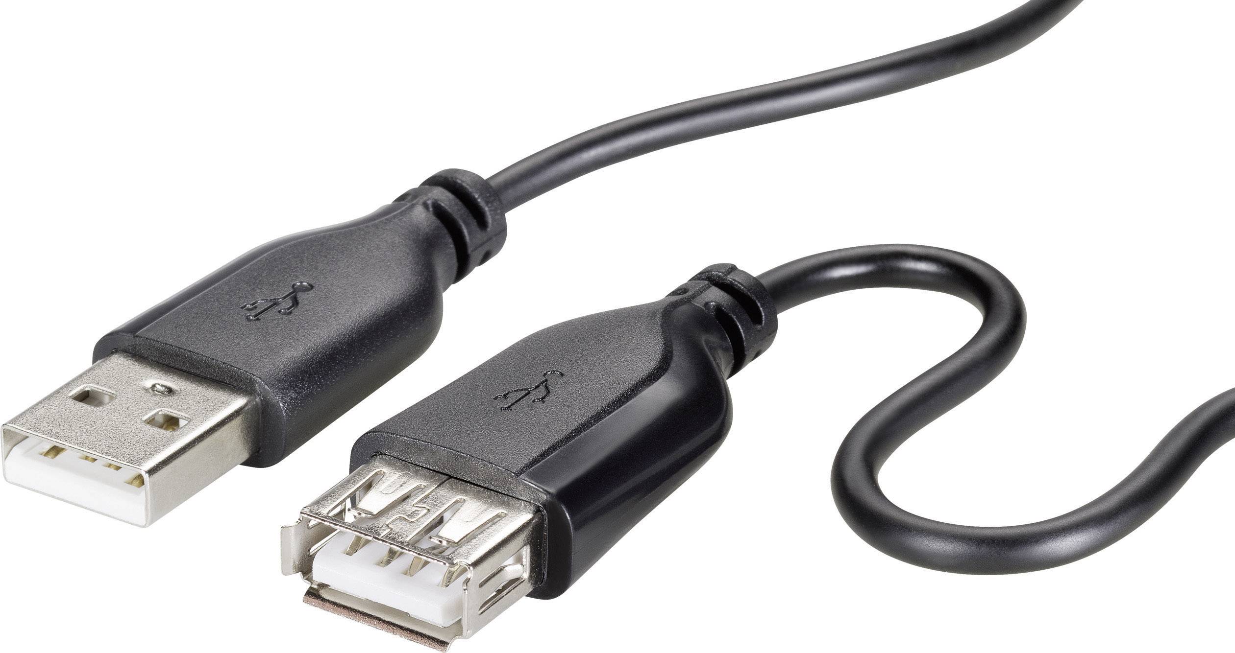 Schwarzes USB-Verlängerungskabel mit einem männlichen und einem weiblichen Anschluss, wird verwendet, um die Reichweite von USB-Geräten zu erweitern.