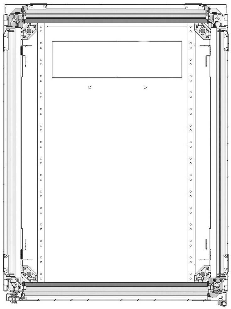 Technische Zeichnung eines rechteckigen Rahmens mit Schraubenlöchern und Ausschnitt in der Mitte, vermutlich für eine Tür oder ein Fenster.