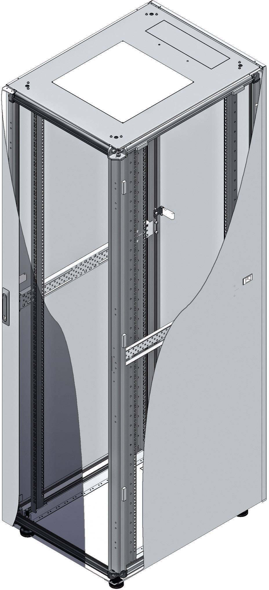 Serverrack mit Glastür, Stahlrahmen und Lüftungsöffnungen oben. Kabelmanagementeinschübe sind innen sichtbar.