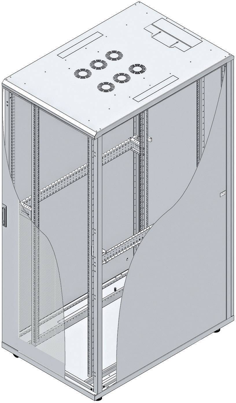 Ein großer, rechteckiger Server-Schrank mit Lüftungslöchern auf der Oberseite, teils transparente Seiten, offen zur Belüftung.