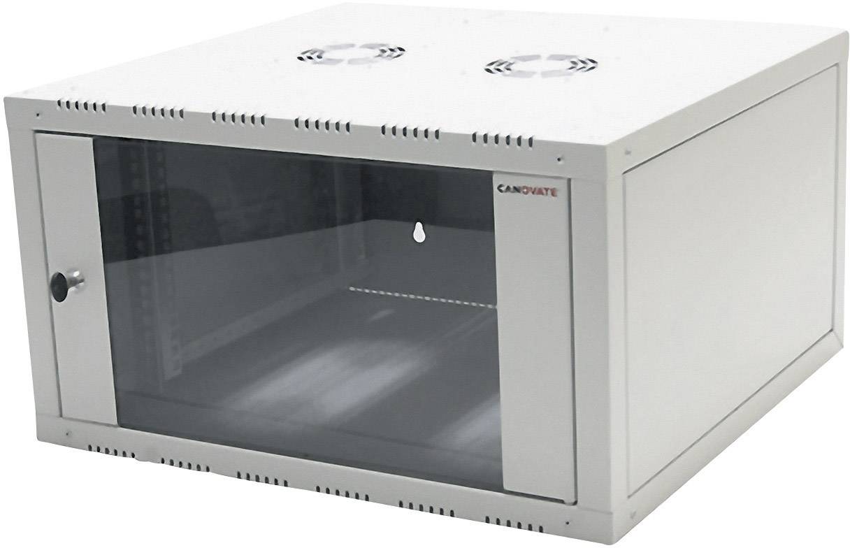 Ein weißer Wandnetzwerkschrank mit Glastür und Lüftungsschlitzen, geeignet zur sicheren Aufbewahrung von Netzwerkhardware.