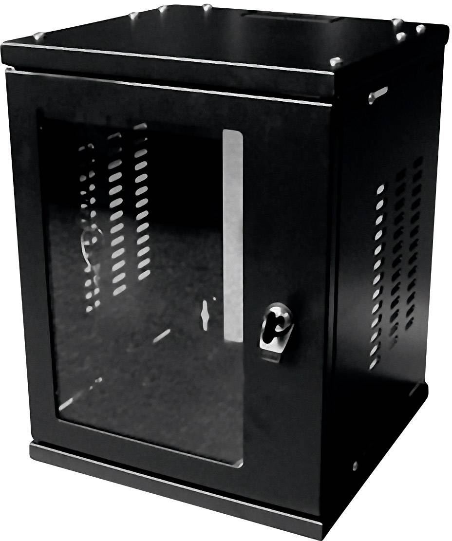 Schwarzes, wandmontierbares Netzwerkgehäuse mit transparentem Frontpanel und Belüftungsschlitzen an den Seiten.