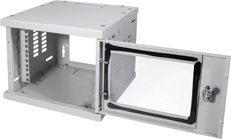 Ein graues, leeres Metallgehäuse mit einer offenen Tür, geeignet zur Aufnahme von elektronischen Geräten oder Netzwerkkomponenten.