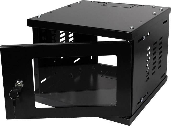 Schwarzer, wandmontierbarer Server-Schrank mit geöffnetem Glastürchen, zeigt inneren Stauraum. Er hat mehrere Belüftungsschlitze.