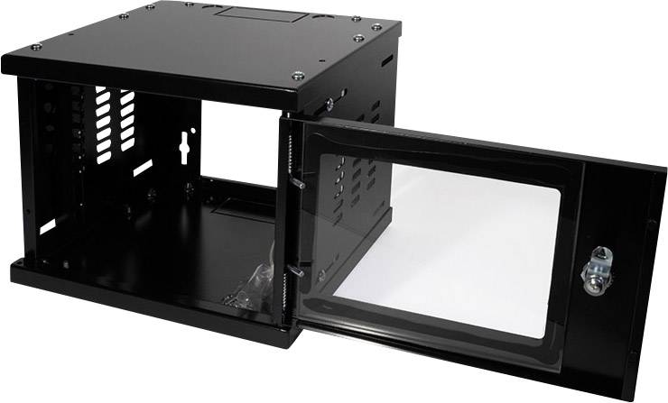 Ein schwarzes, leeres Wandgehäuse mit geöffneter Glastür, geeignet zur Aufbewahrung von Technikgeräten.