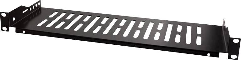 Ein schwarzes Metallrack-Mount-Regal mit Lüftungsschlitzen und befestigten Montagewinkeln an den Seiten.