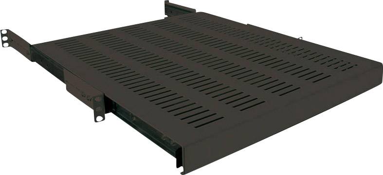 Schwarzes, perforiertes Metallregal mit zwei seitlichen Montagehalterungen, wahrscheinlich für ein Server- oder Technik-Rack.
