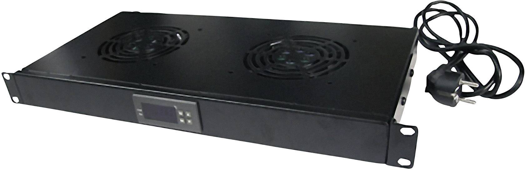 Ein schwarzer 19-Zoll-Rack-Kühlventilator mit zwei Lüftern und einem digitalen Display, angeschlossen an ein Stromkabel mit Stecker.