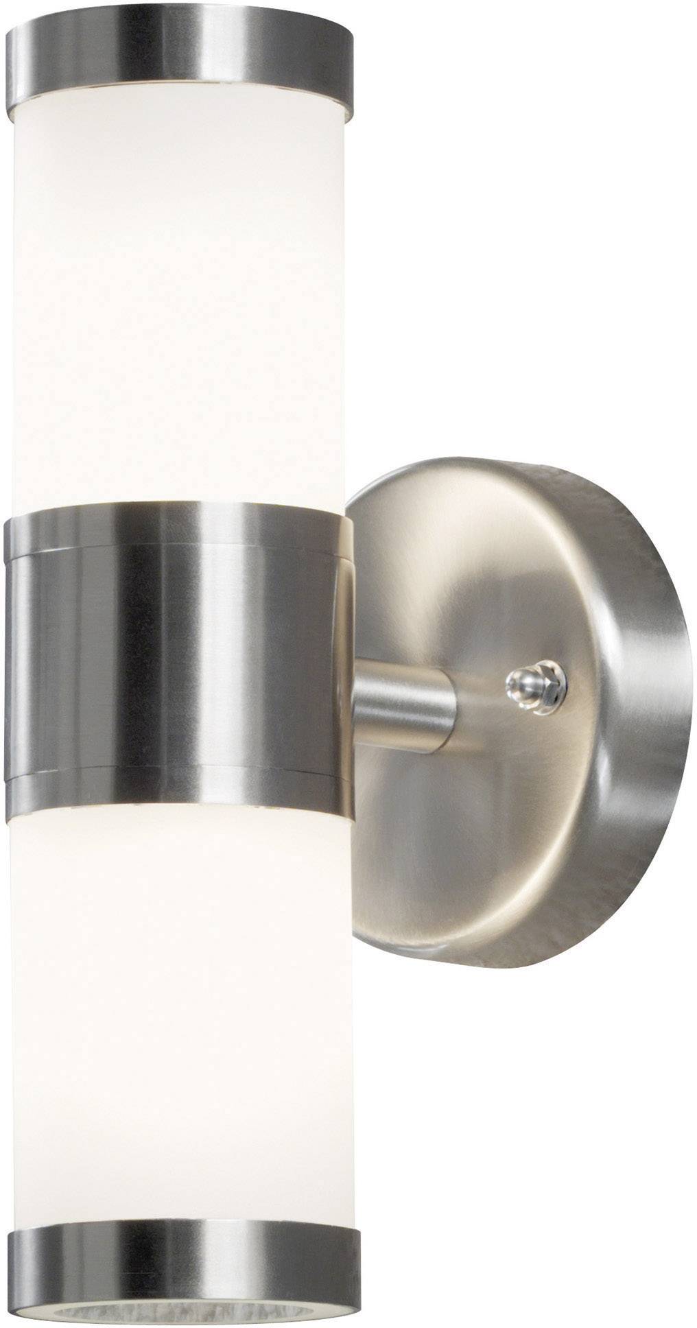 Eine moderne Wandleuchte aus gebürstetem Metall mit zwei zylindrischen Lichtquellen, die vertikal übereinander angeordnet sind.