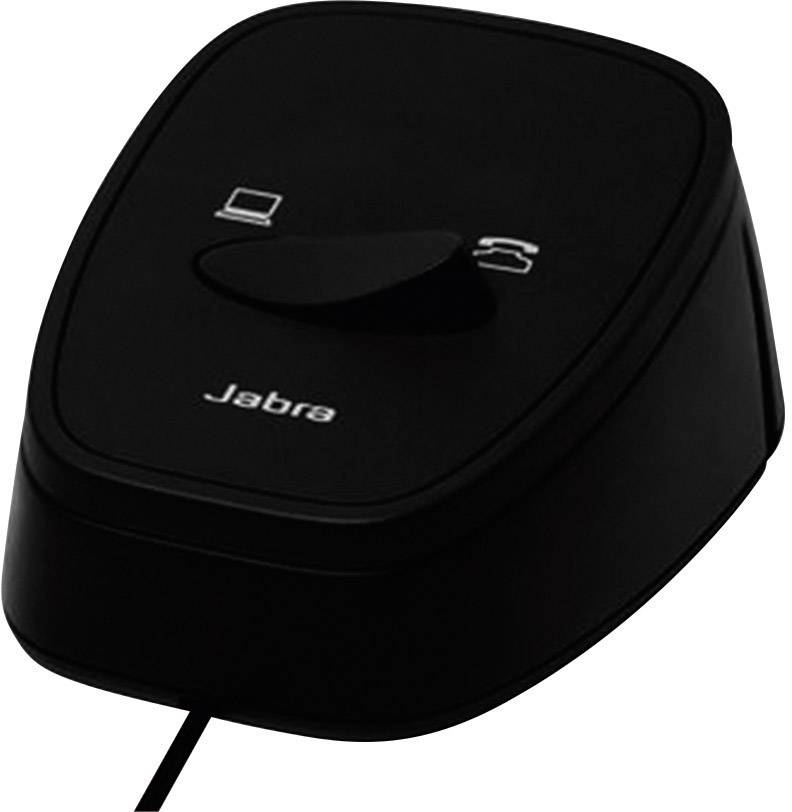 Schwarzes Jabra-Umschaltgerät mit Kabel, zwei Symbolen und Drehschalter für Wechsel zwischen Computer- und Telefonverbindung.
