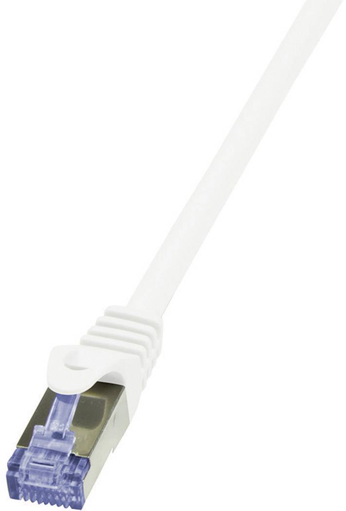 Ein weißes Netzwerkkabel mit einem RJ45-Stecker am Ende, geeignet für Ethernet-Verbindungen.
