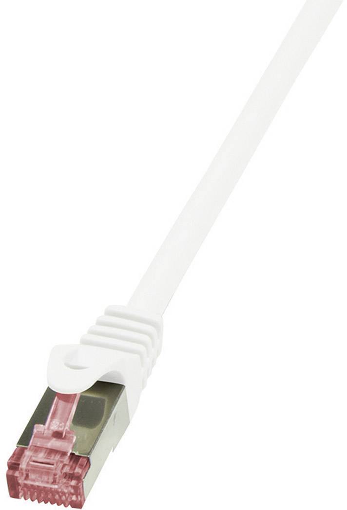 Netzwerkkabel mit rotem RJ45-Stecker und weißem Kabelmantel, geeignet für Datenübertragungen in Computernetzwerken.