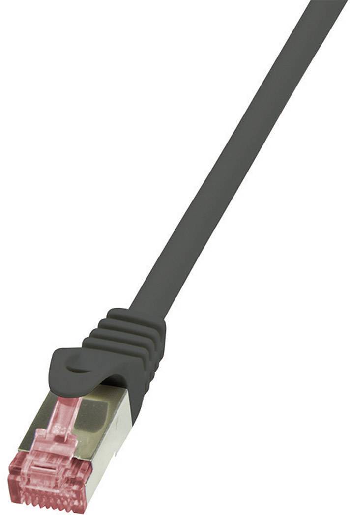 Schwarzes Ethernet-Kabel mit rotem RJ45-Stecker, bereit zur Verbindung von Netzwerkgeräten. Ideal für zuverlässige Datenübertragung.