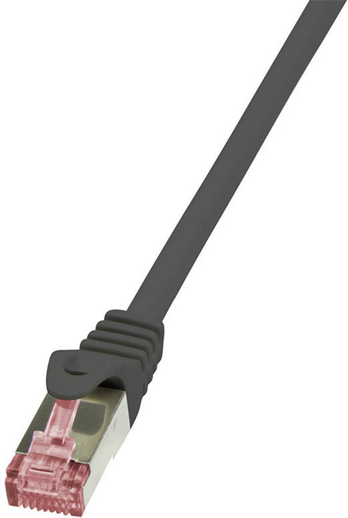 Schwarzes Ethernet-Kabel mit einem roten RJ45-Stecker, verwendet zur Netzwerk- und Internetverbindung.