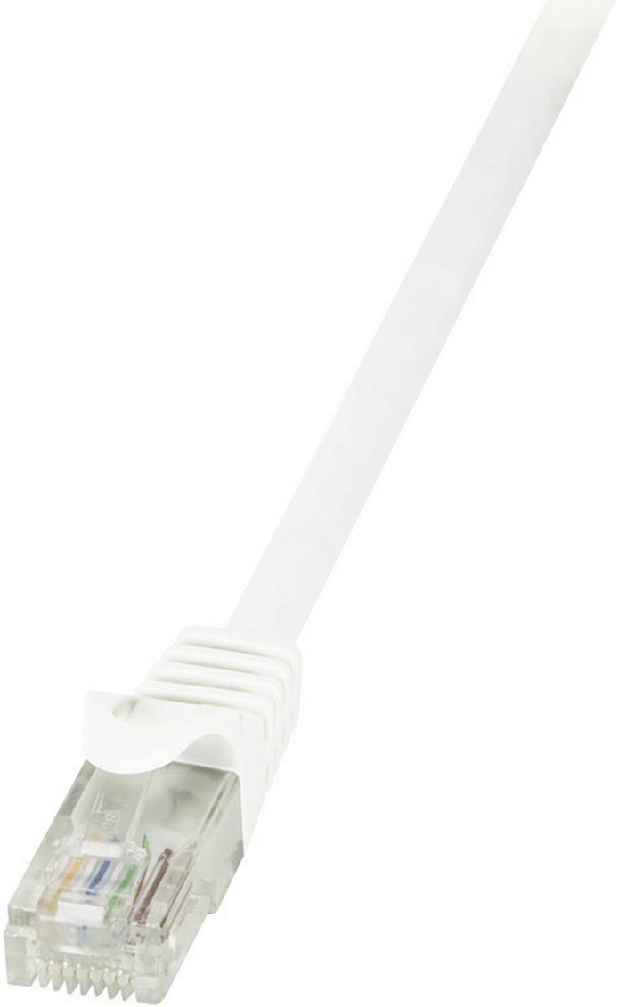 Ein weißes Ethernet-Kabel mit einem RJ-45-Stecker wird von oben nach unten gezeigt.
