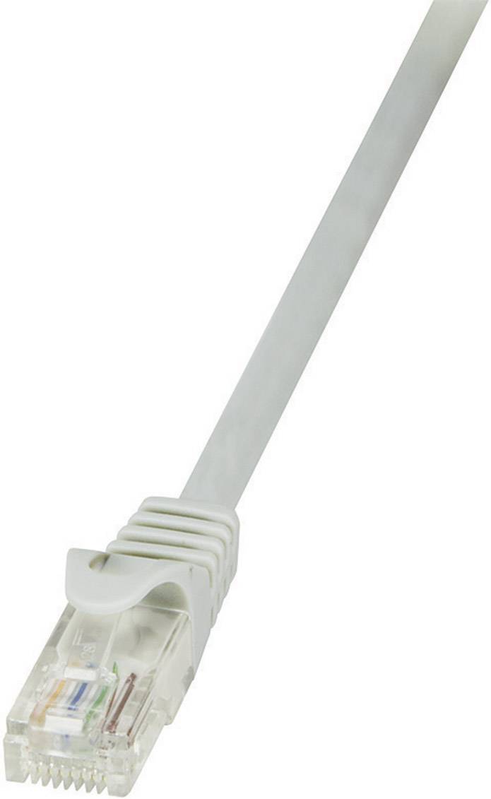 Ein graues Netzwerkkabel mit einem durchsichtigen RJ45-Stecker am Ende. Es dient zur Verbindung von Geräten in einem Netzwerk.