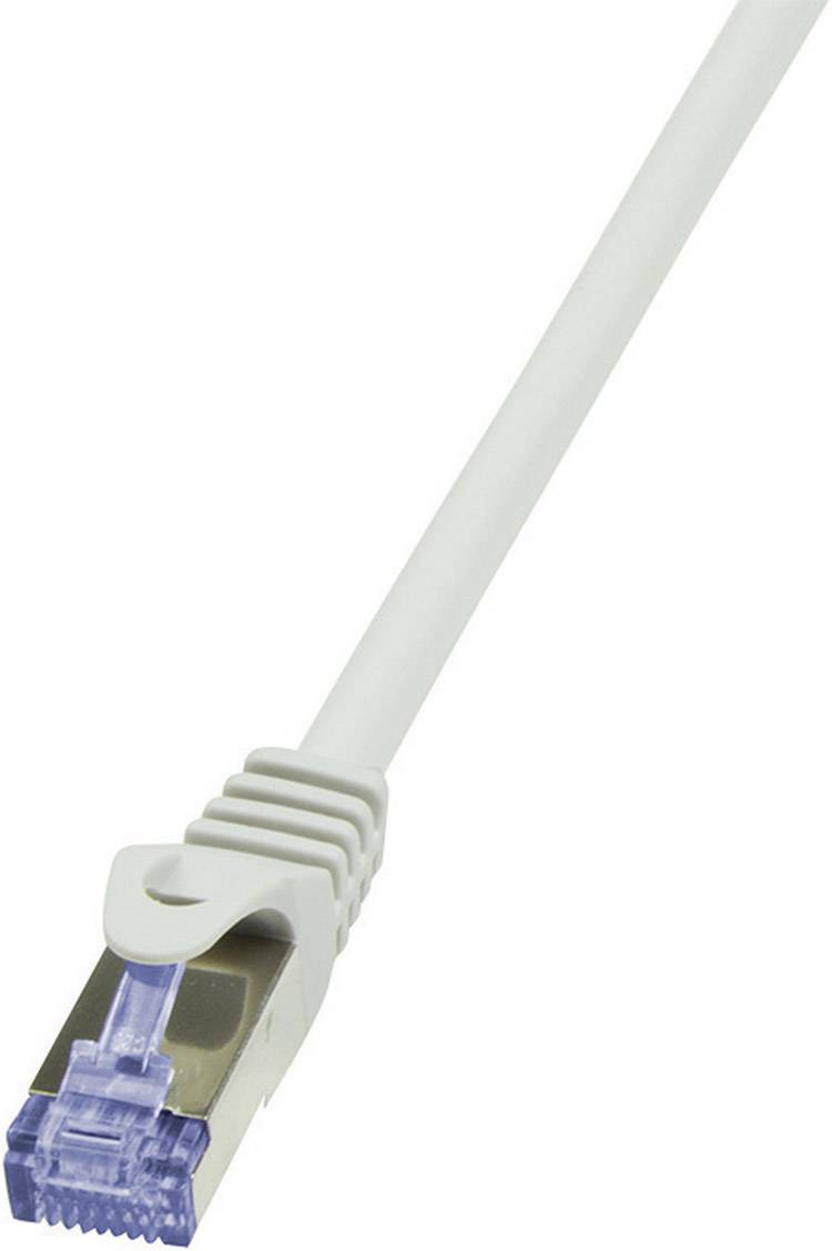 Ein graues Ethernet-Kabel mit einem RJ-45-Stecker, das zur Netzwerkverbindung von Computern und anderen Geräten verwendet wird.