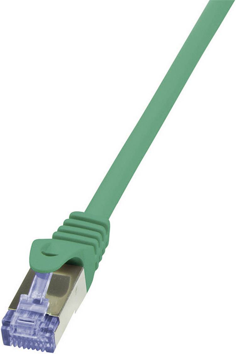Grünes Ethernet-Kabel mit transparentem RJ45-Stecker, gewinkelt nach oben.