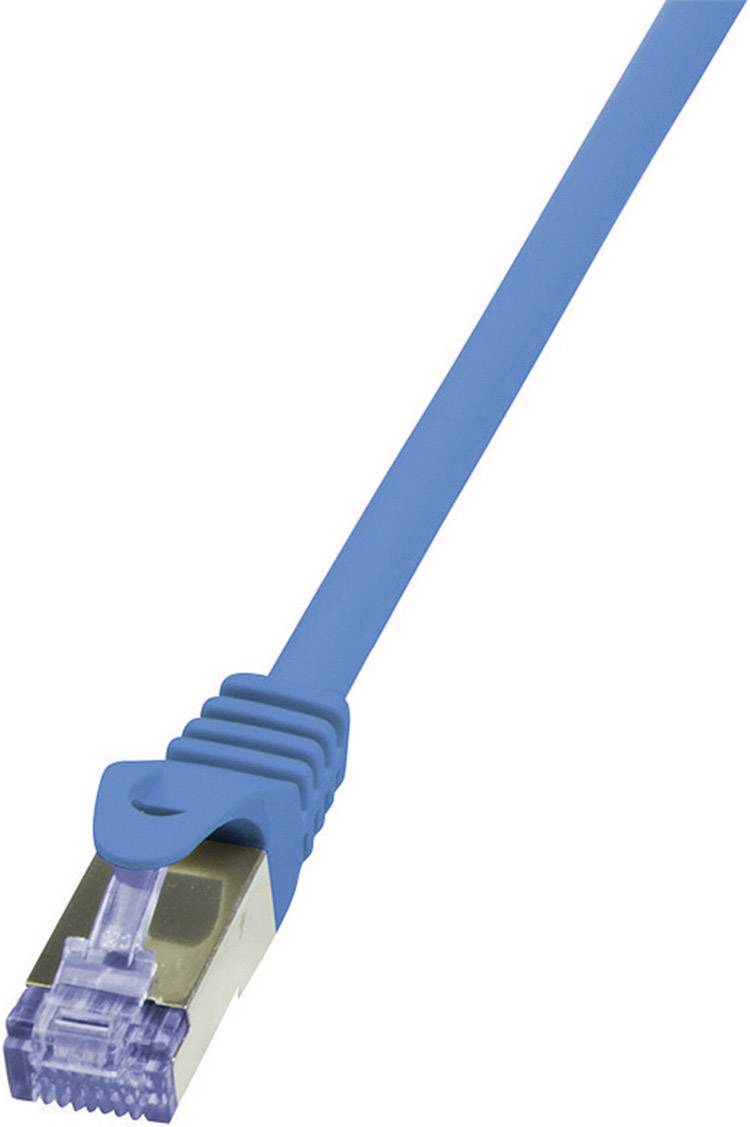 Blaues Ethernet-Kabel mit RJ45-Stecker, häufig zur Netzwerkverbindung verwendet.