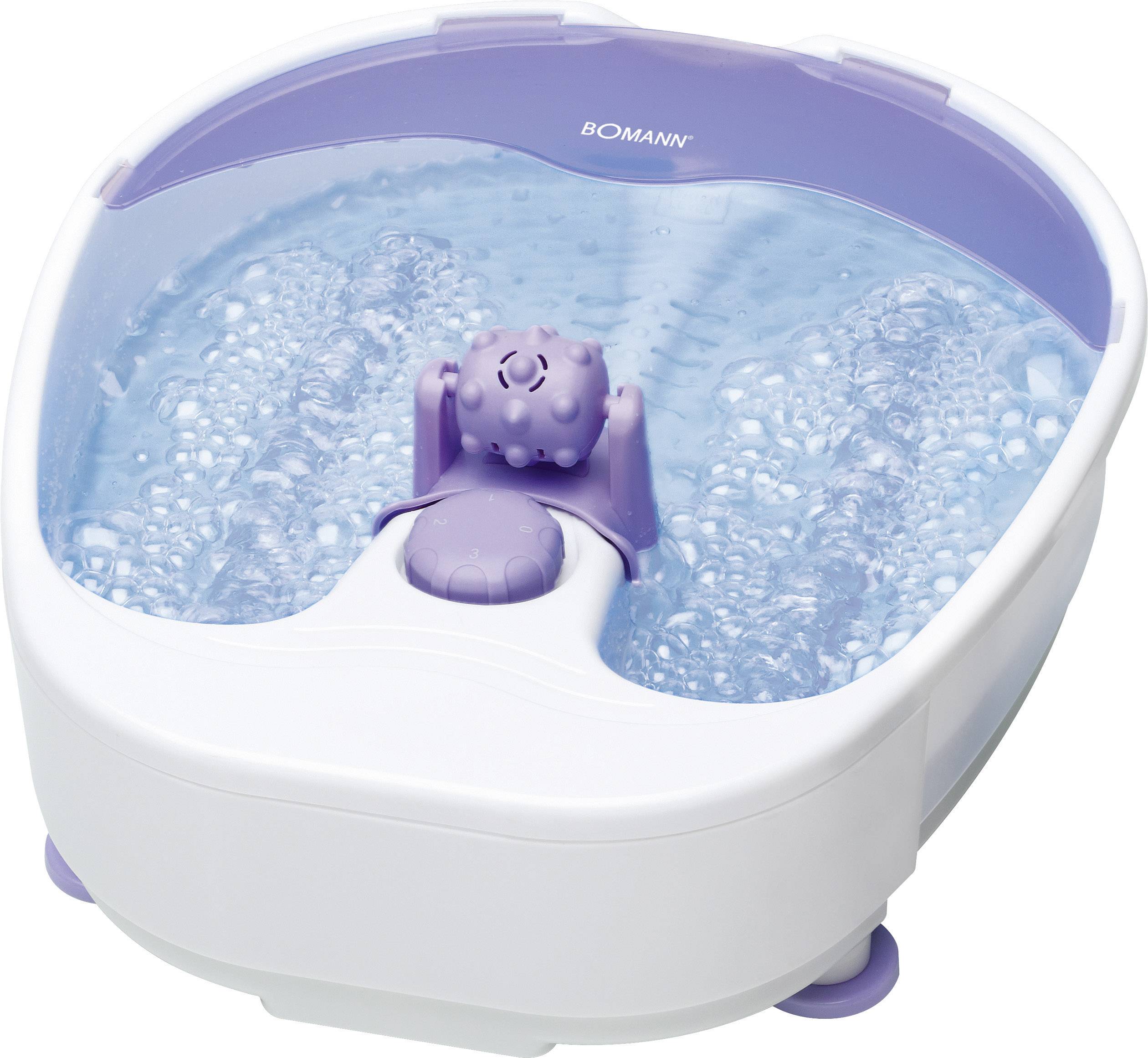 Ein elektrisches Fußsprudelbad mit lila Details füllt sich mit Wasser. Es bietet eine entspannende Massagefunktion für die Füße.