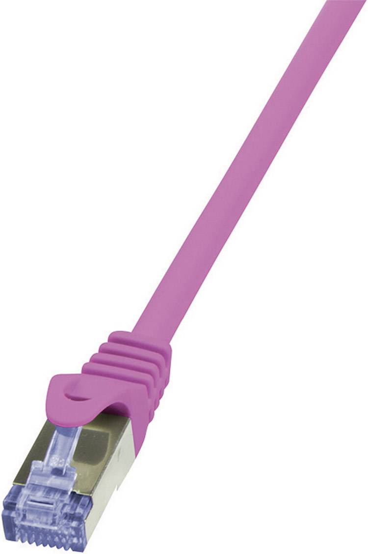Ein pinkfarbenes Ethernet-Kabel mit RJ-45-Stecker.