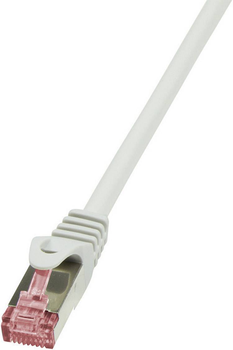 Ein Ethernet-Kabel mit rotem Stecker und weißem Kabel ist dargestellt. Es dient zur Verbindung von Netzwerkgeräten.