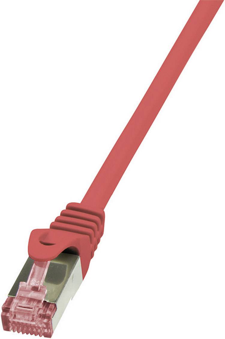 Ein rotes Ethernet-Kabel mit einem RJ45-Stecker, das für die Verbindung von Netzwerkgeräten verwendet wird.
