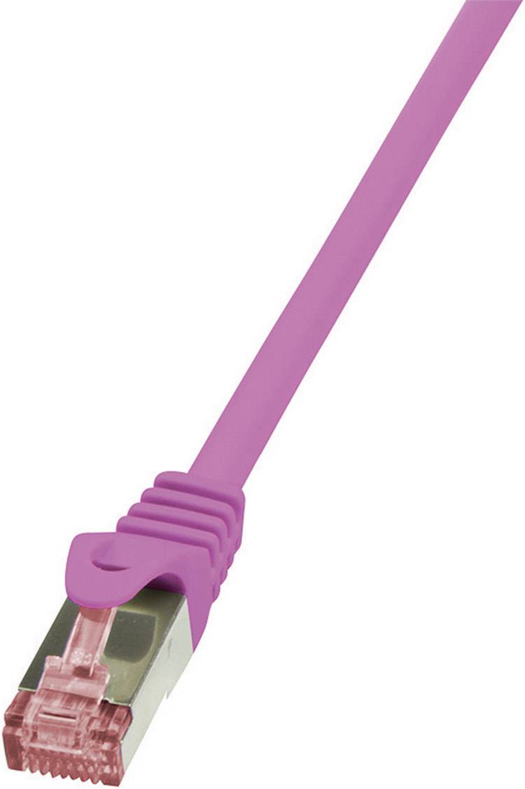 Ein pinkes Ethernet-Kabel mit einem RJ45-Stecker für Netzwerkverbindungen.