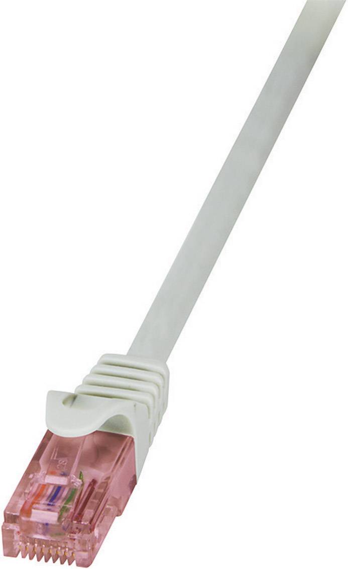 Ein weißes Ethernet-Kabel mit einem durchsichtigen, rosafarbenen Stecker; wird zum Anschluss von Netzwerkgeräten verwendet.