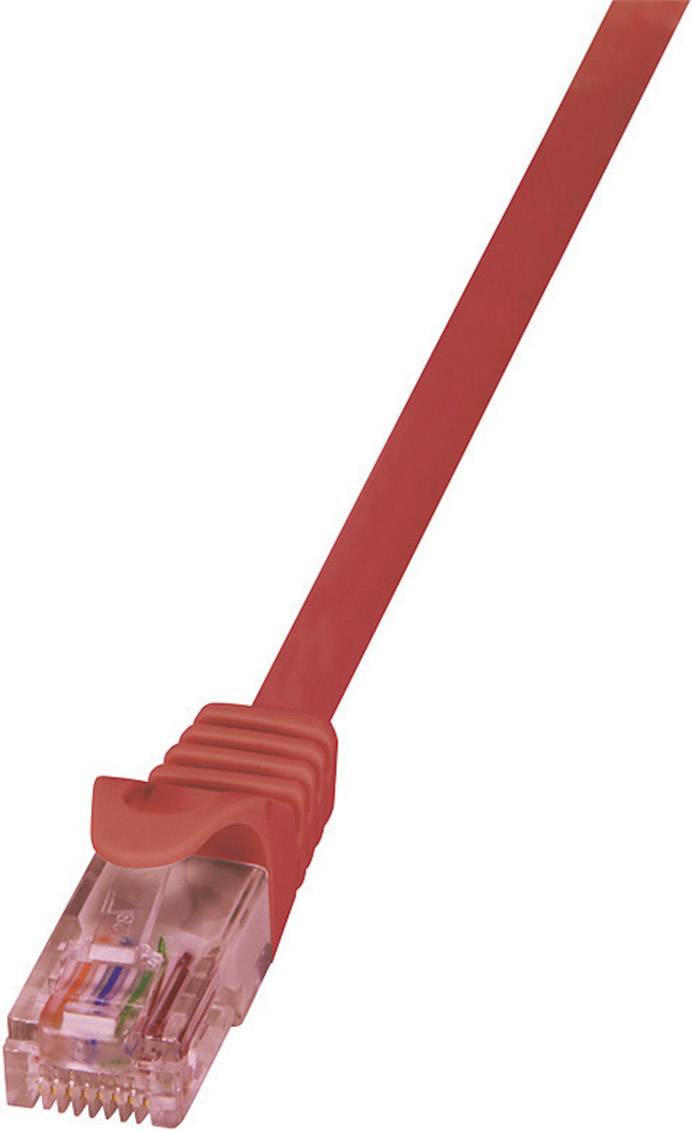 Rotes Ethernet-Kabel mit transparentem Stecker, das zur Datenübertragung in Netzwerken verwendet wird.