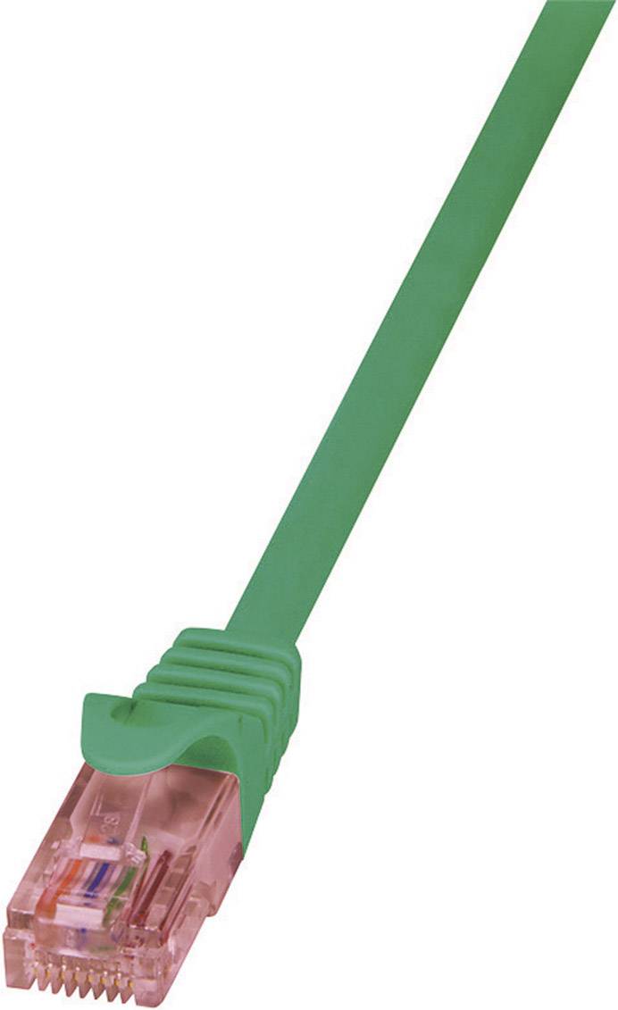Grünes Netzwerkkabel mit einem transparenten Stecker, geeignet für Ethernet-Verbindungen in Computernetzwerken.