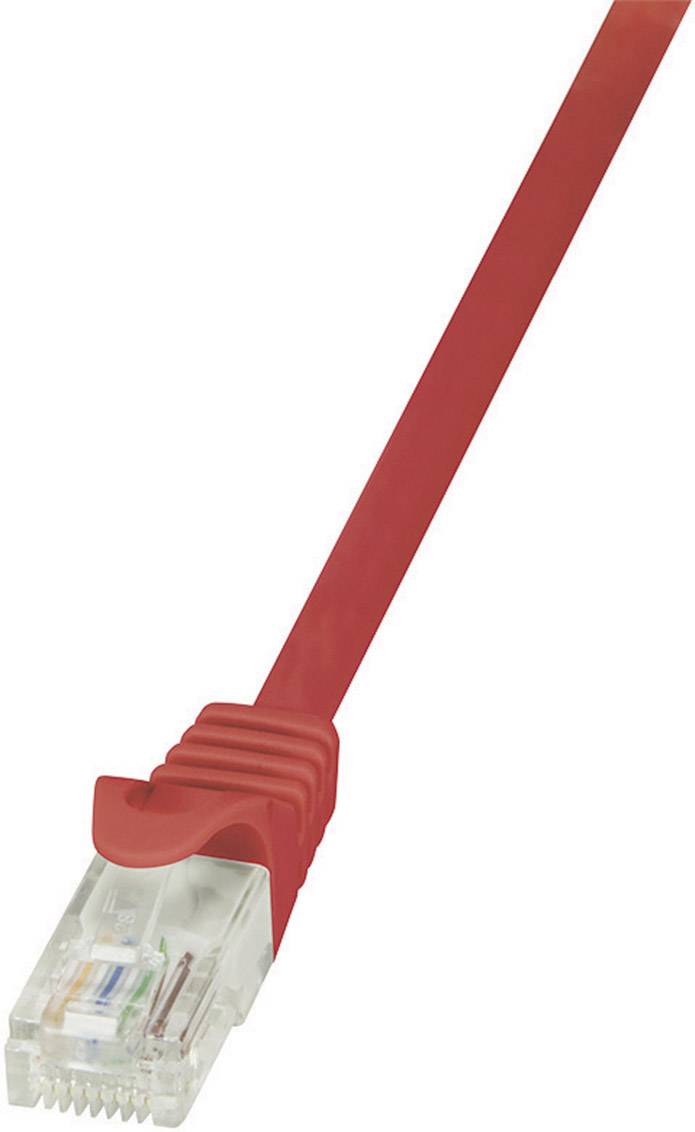 Rotes Ethernet-Kabel mit durchsichtigem RJ45-Stecker.