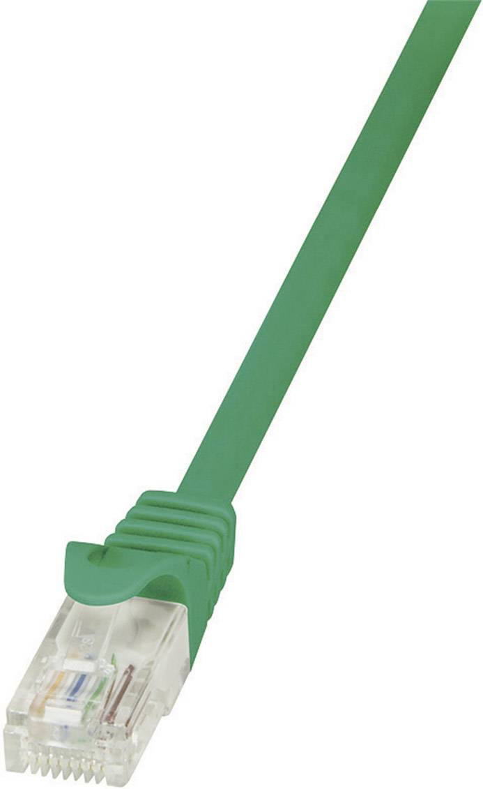 Grünes Ethernet-Kabel mit RJ-45-Stecker, das typischerweise für die Verbindung von Netzwerkgeräten verwendet wird.