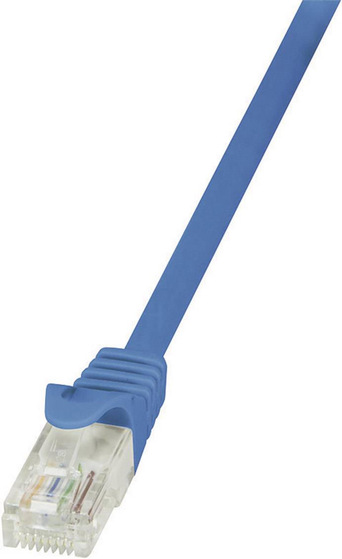 Ein blaues Ethernet-Kabel mit einem RJ45-Stecker, der zum Anschließen von Computern an Netzwerke verwendet wird.
