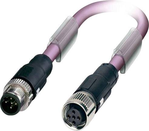 Ein violettes M12-Industriekabel mit Metallanschlüssen an beiden Enden, jeweils ein Stecker und eine Buchse. Geeignet für Sensoren und Aktoren in der Automatisierungstechnik.