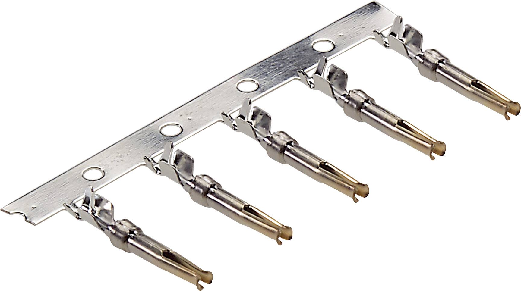 Ein Metallstreifen mit fünf befestigten elektrischen Steckkontakten, die zur Montage in mechanischen oder elektronischen Geräten dienen.