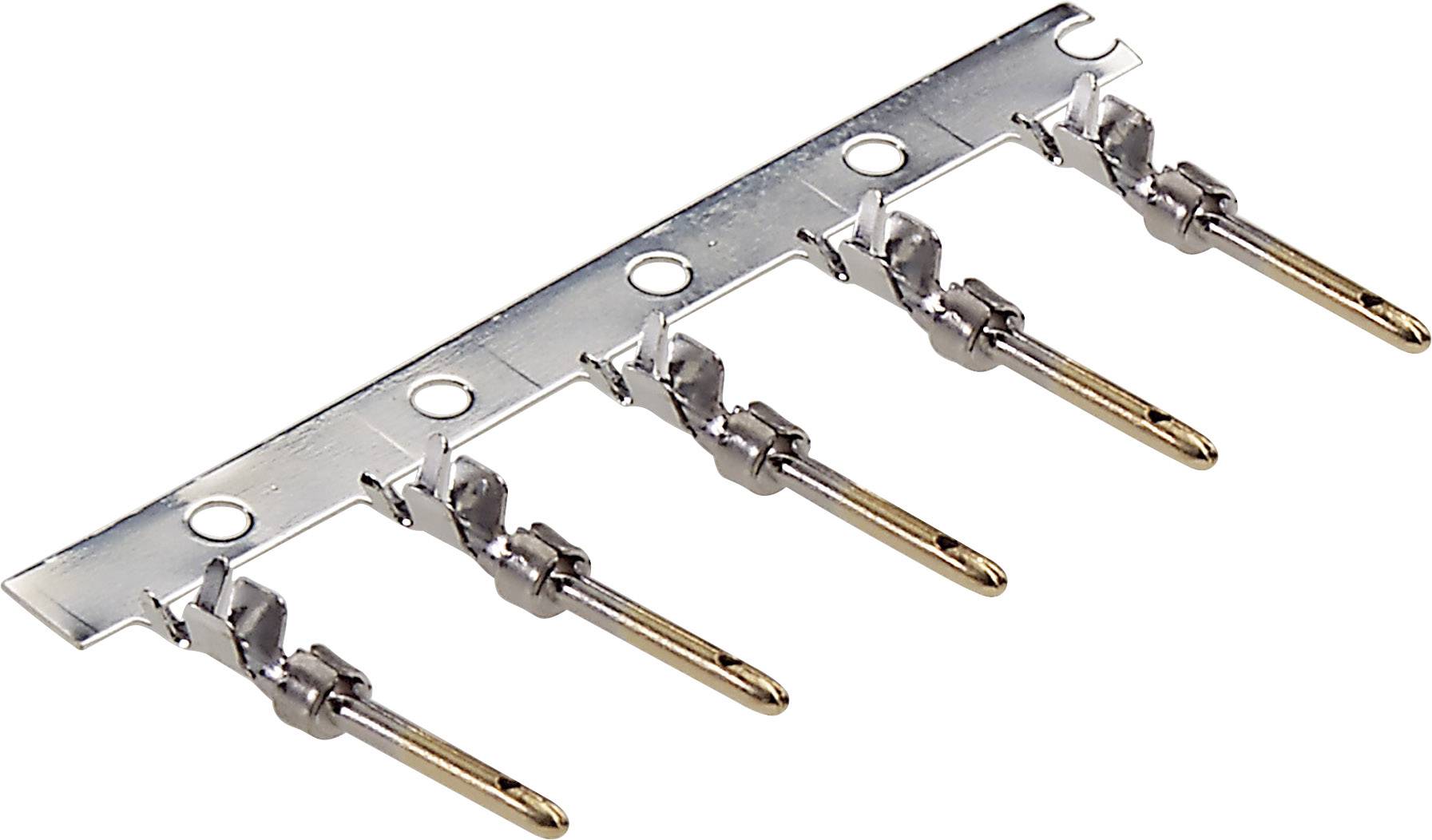 Metallsteckverbinder mit fünf Stiften in einer Reihe, auf einer Metallschiene montiert. Geeignet für elektrische Anwendungen.