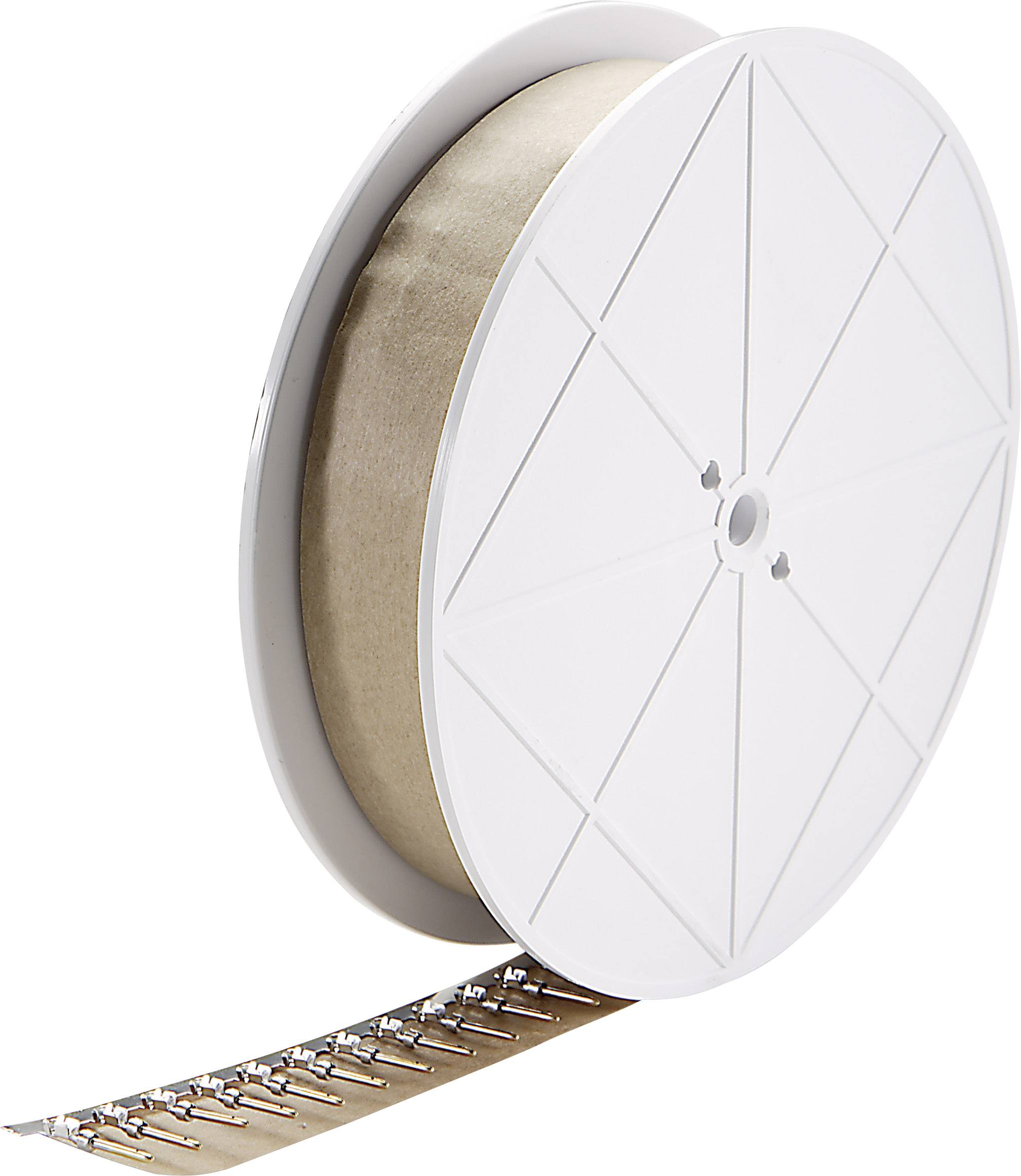 Eine Rolle mit Metallkontakten, die an einem Band befestigt sind, wird dargestellt. Sie scheint für die industrielle Fertigung bestimmt zu sein.