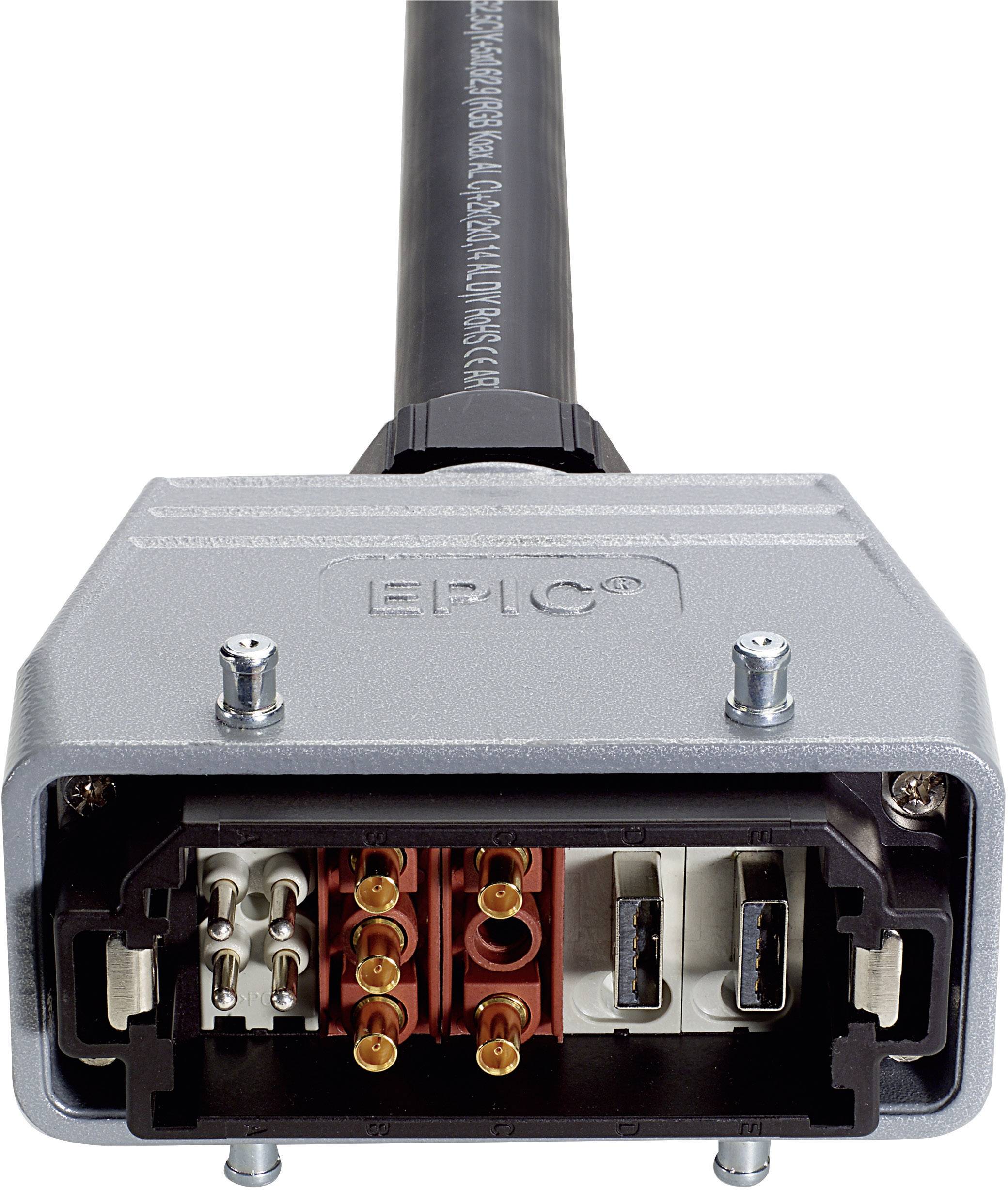 Industrie-Steckverbinder mit mehreren runden und rechteckigen Pins, Gehäuse aus Metall, verkabelt für elektrische Verbindungen.