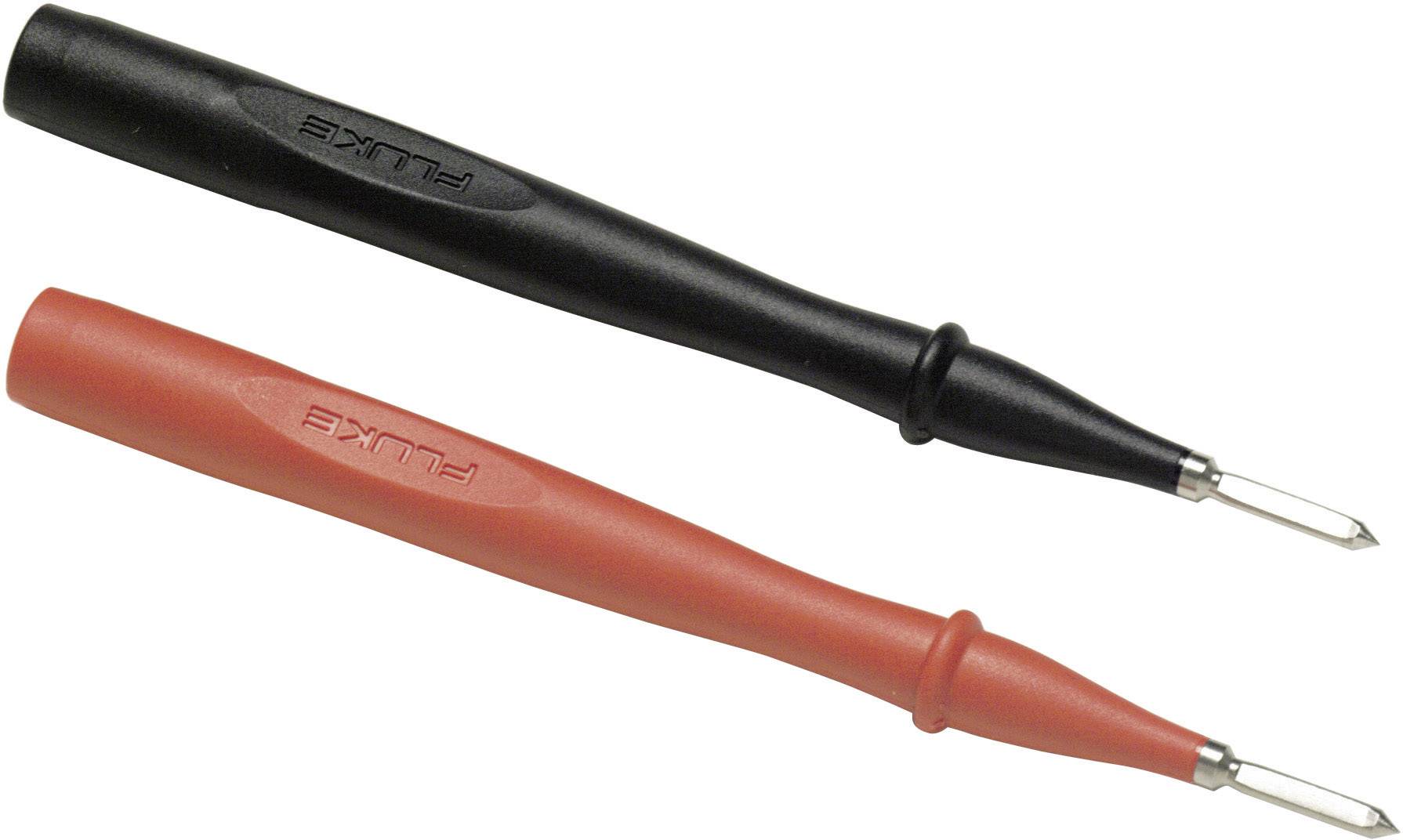 Zwei Prüfspitzen, eine schwarz und eine rot, liegen nebeneinander. Sie werden zur elektrischen Messung verwendet.