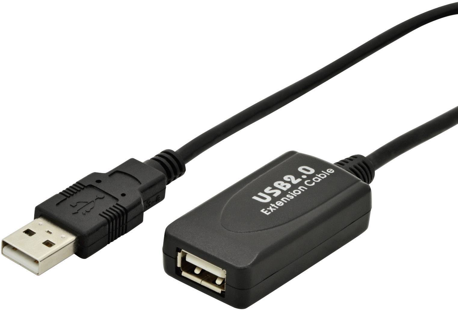 Ein schwarzes USB 2.0-Verlängerungskabel mit männlichem und weiblichem Anschluss, geeignet zur Erweiterung der Reichweite von USB-Geräten.