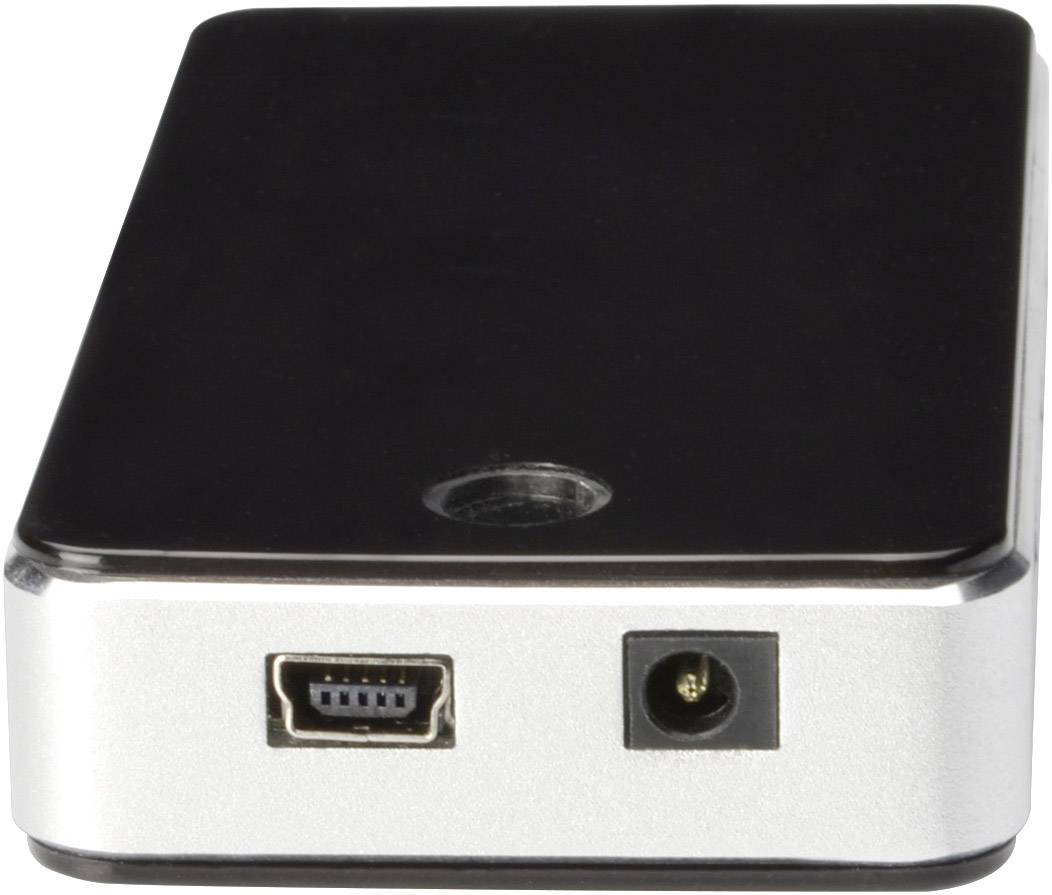 Ein silbernes und schwarzes elektronisches Gerät mit einem Mini-USB-Anschluss und einem runden Anschluss auf der Vorderseite.