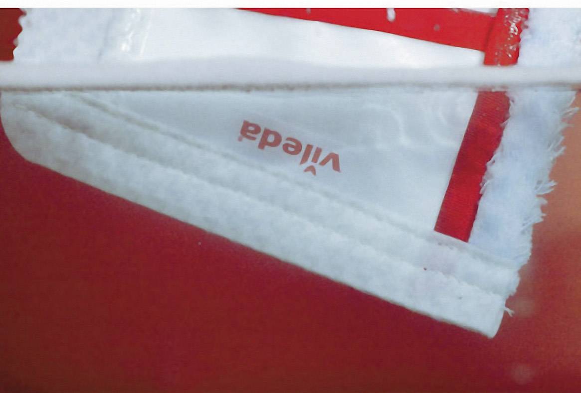 Ein roter und weißer Vileda-Wischmopp wird in Wasser getaucht.