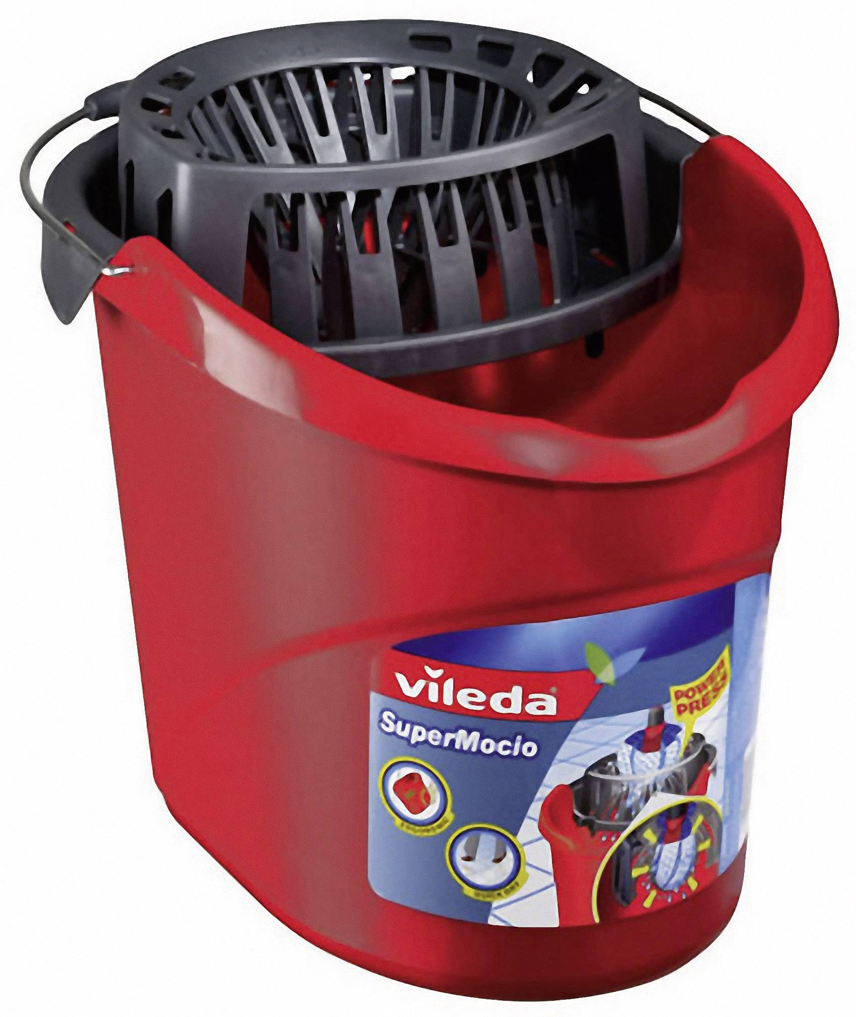 Roter Eimer mit schwarzem Auswringer oben, Marke 'Vileda SuperMocio', geeignet für Bodenreinigung. Firmenlogo und Produktetikett sichtbar.