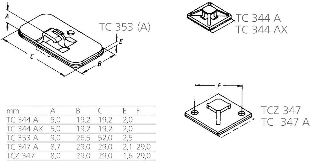 Technische Zeichnung mit Tabellenwerten und zwei Bauteil-Illustrationen. Zeigt Abmessungen und Modelle: TC 353 (A), TC 344 (A/AX), TCZ 347 (A).