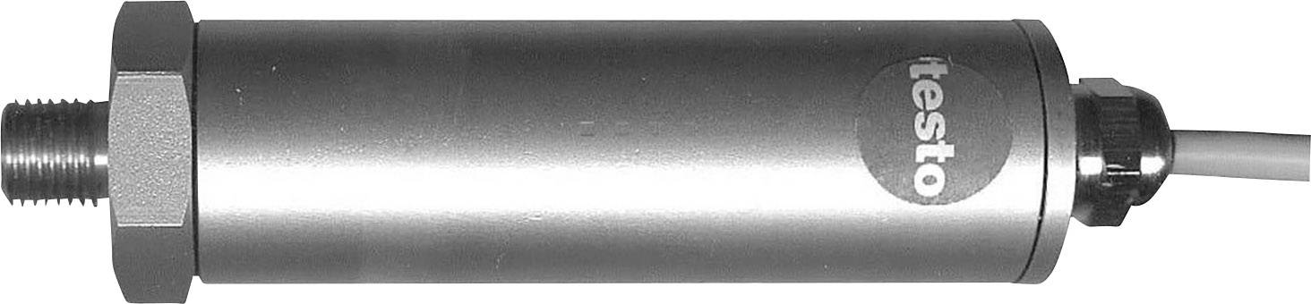 Ein zylindrischer Sensor mit Beschriftung 'testo', Schraubgewinde auf der linken Seite und Kabelanschluss rechts.